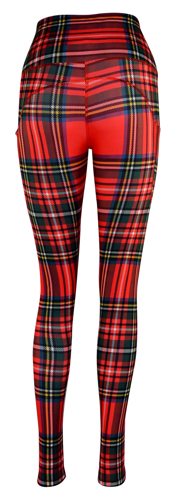 Women's traditional tartan leggings with deep side pockets and structured stitching, featuring a classic red plaid pattern.