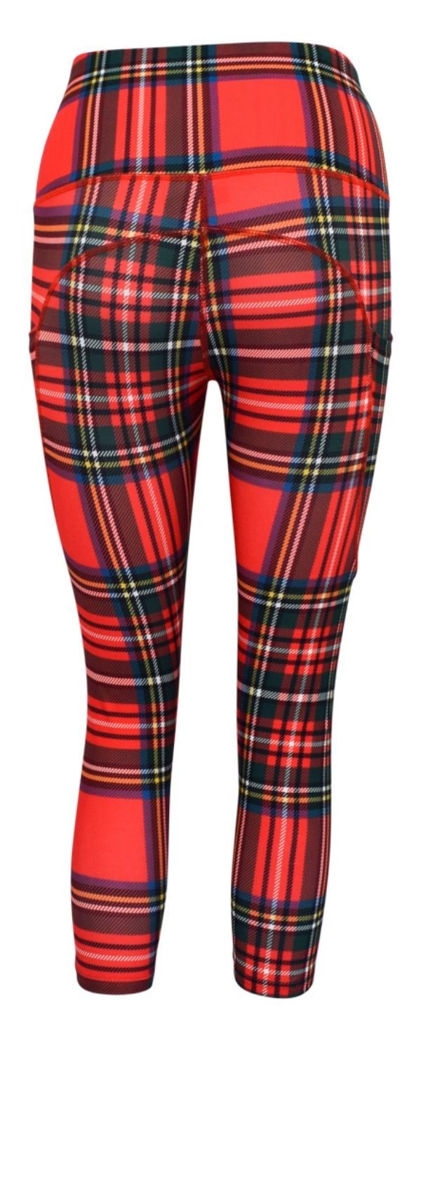 Red traditional tartan leggings with deep side pockets and structured stitching