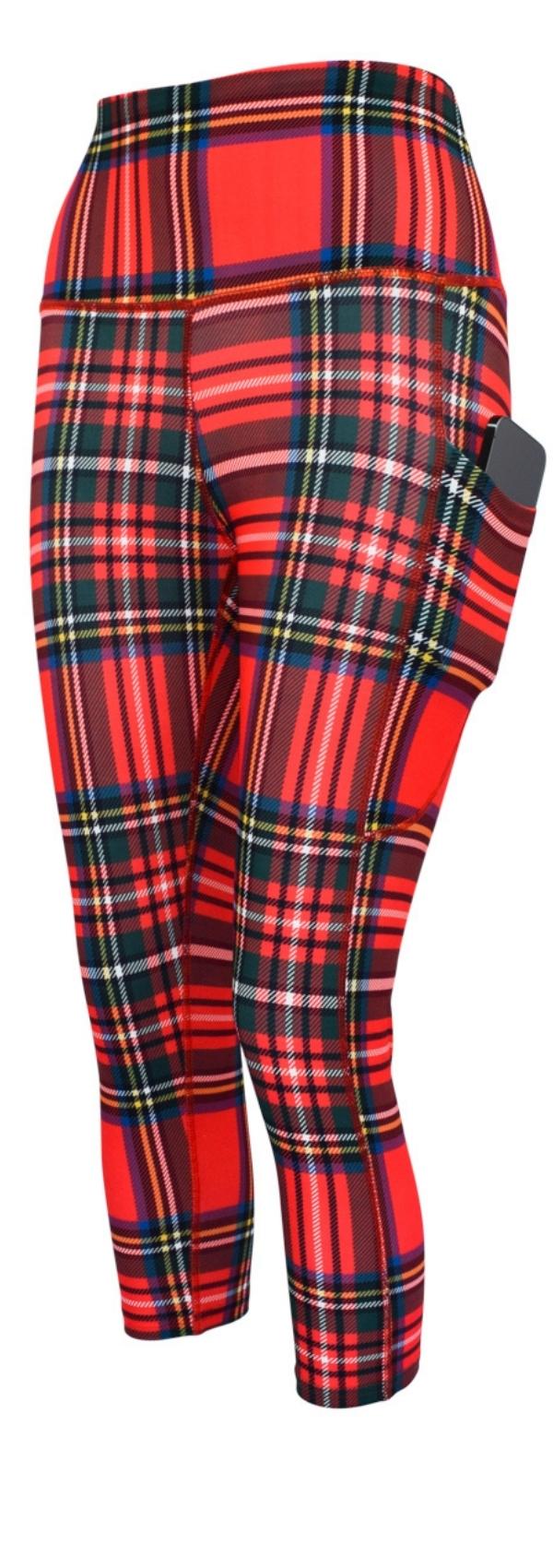 Red traditional tartan leggings with deep side pockets and structured stitching