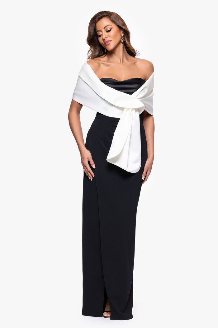 Ivory “Trixie” Satin Pull Through Shawl Wrap, worn front view
