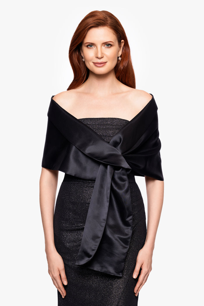 Black “Trixie” Satin Pull Through Shawl Wrap, worn front view