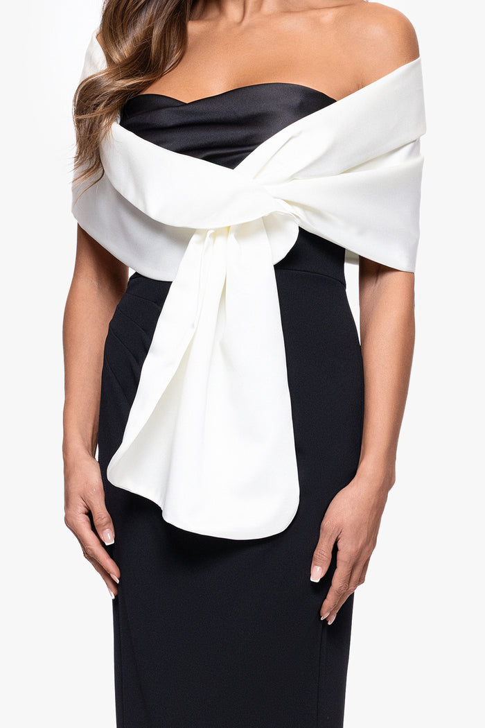 Ivory “Trixie” Satin Pull Through Shawl Wrap, pull-through knot and satin drape detail