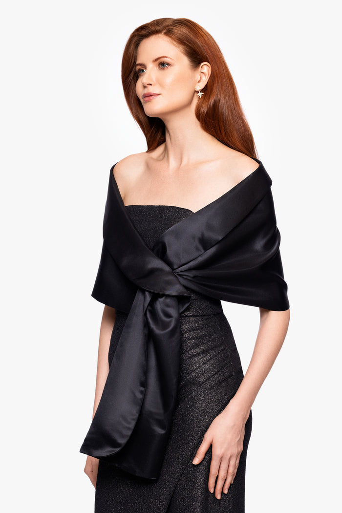 Black “Trixie” Satin Pull Through Shawl Wrap, alternate worn front view