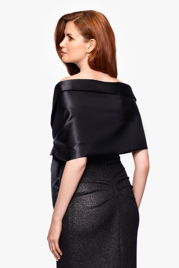 Black “Trixie” Satin Pull Through Shawl Wrap, worn back view