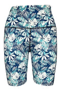 Blue and white Tropical Breeze Shorts with palm leaf print and deep side pockets