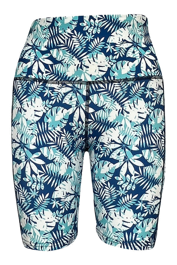 Blue and white Tropical Breeze Shorts with palm leaf print and deep side pockets