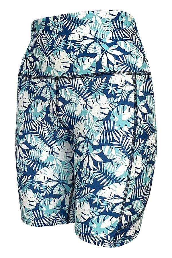 Blue and white Tropical Breeze Shorts with palm leaf print and deep side pockets