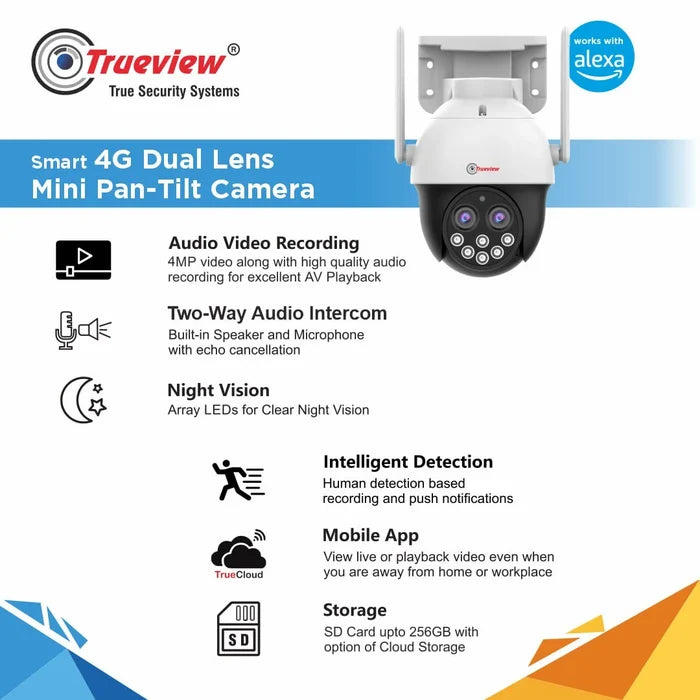 Trueview 4MP Smart CCTV Dual Lens 4G Sim Based Pan/Tilt 10X Combined Zoom Outdoor Indoor Security Camera, Water Proof, 2 Way Talk, Cloud Storage - Unboxify