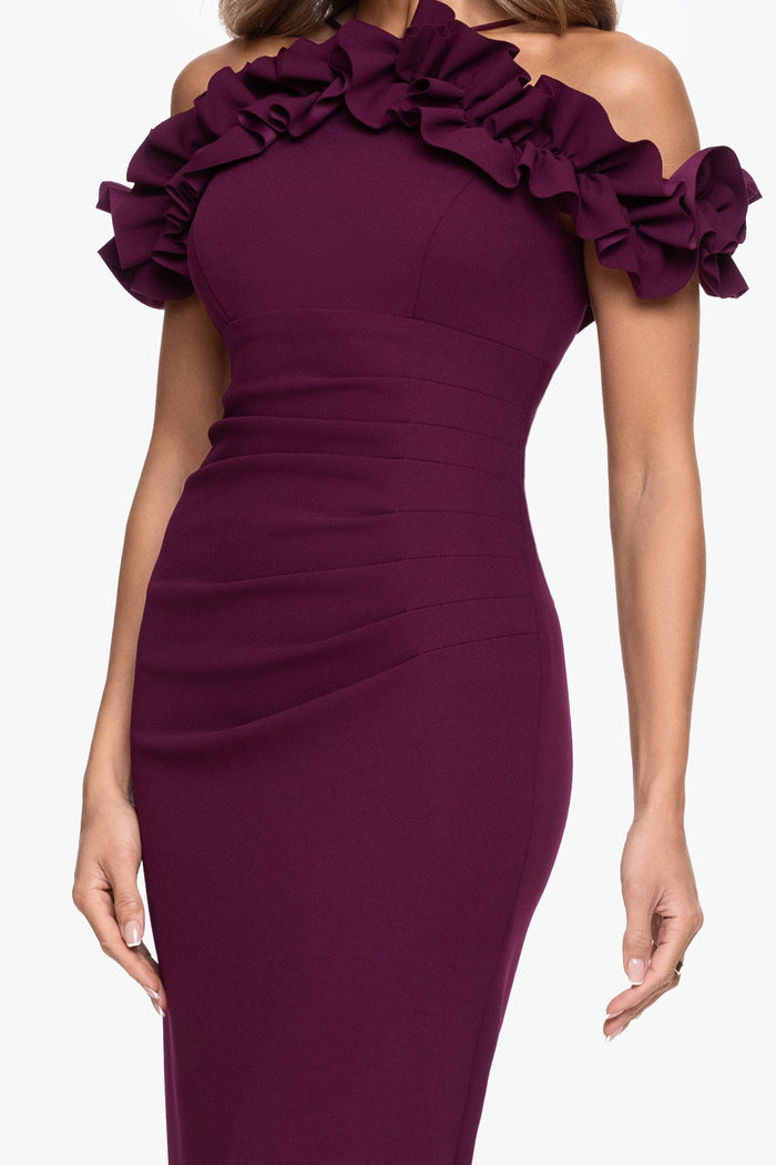 Raisin “Tyla” Scuba Crepe Ruffle Top Dress, off-the-shoulder layered ruffle neckline and bodice detail