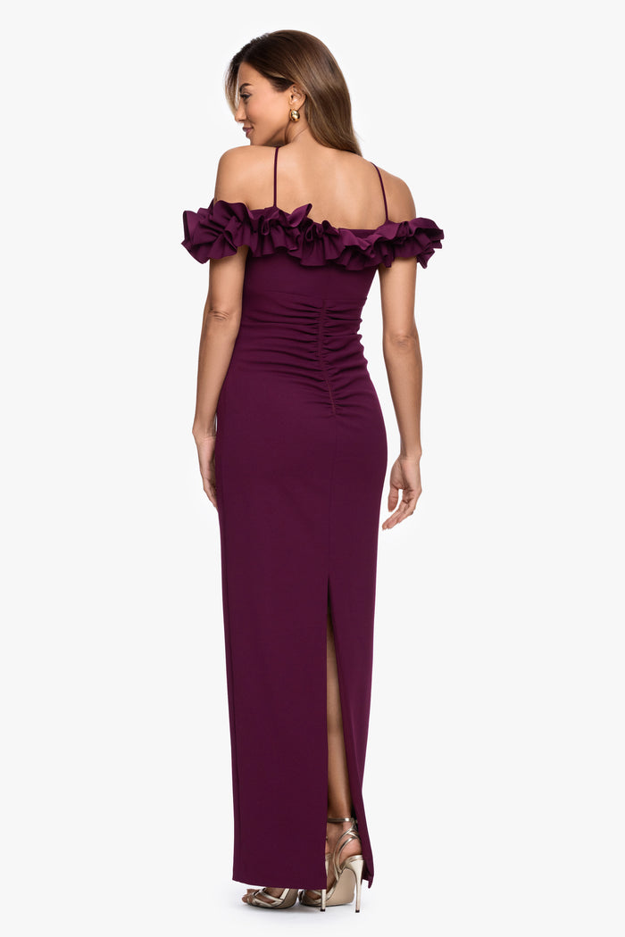 Raisin “Tyla” Scuba Crepe Ruffle Top Dress, back view with rear slit