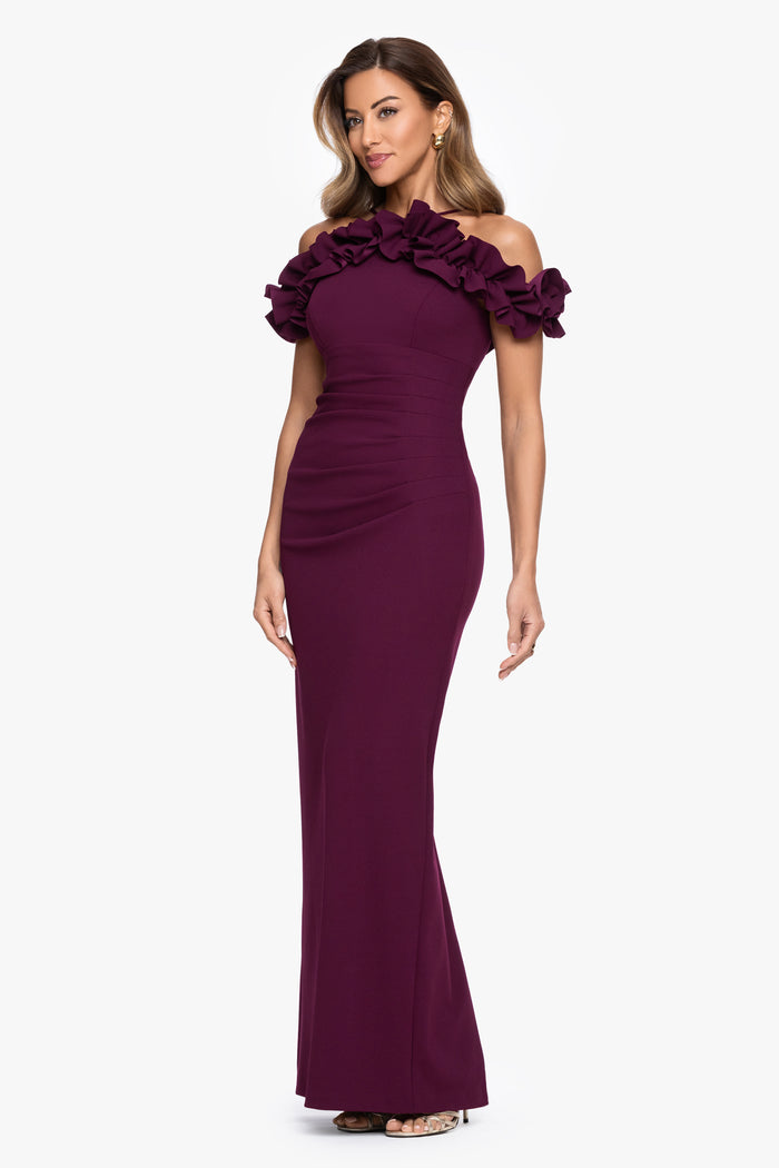 Raisin “Tyla” Scuba Crepe Ruffle Top Dress, angled three-quarter view