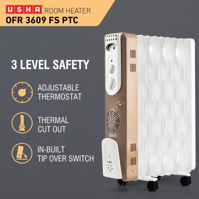 USHA 3609FS PTC 2000-Watt Oil Filled Radiator (White) - Unboxify