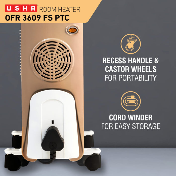 USHA 3609FS PTC 2000-Watt Oil Filled Radiator (White) - Unboxify