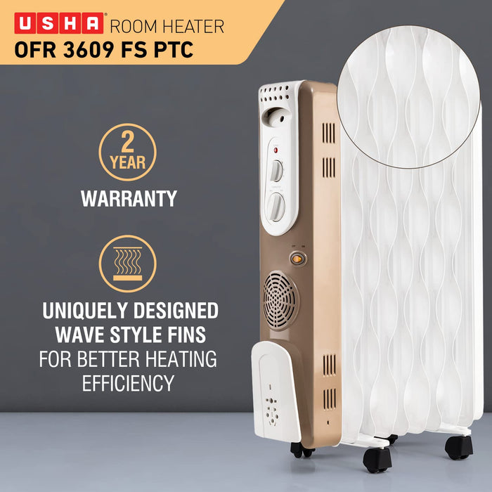 USHA 3609FS PTC 2000-Watt Oil Filled Radiator (White) - Unboxify