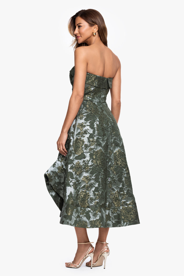 Olive/Gold “Valentina” Brocade Strapless Midi Dress, back view