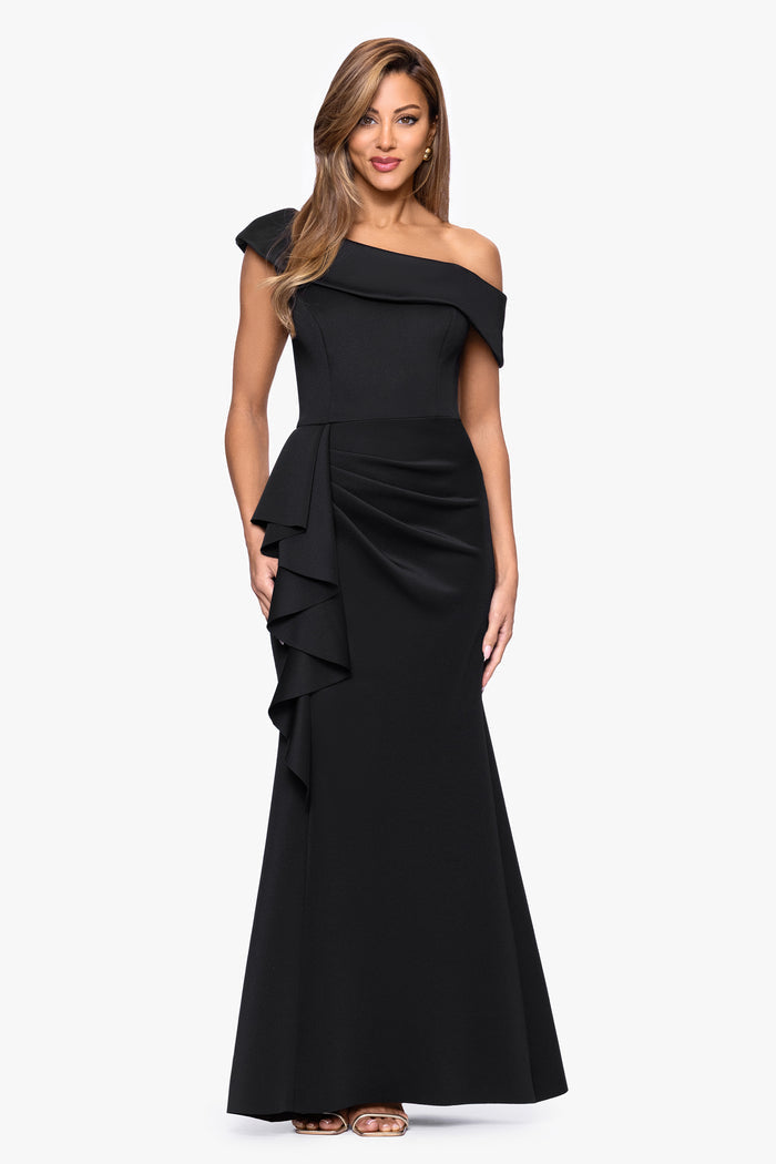 Black “Valerie” Techno Scuba Off the Shoulder Ruffle Dress, front view