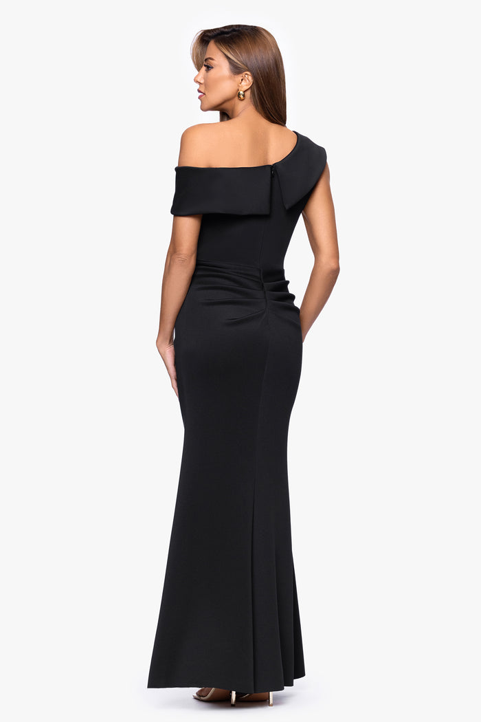 Black “Valerie” Techno Scuba Off the Shoulder Ruffle Dress, back view