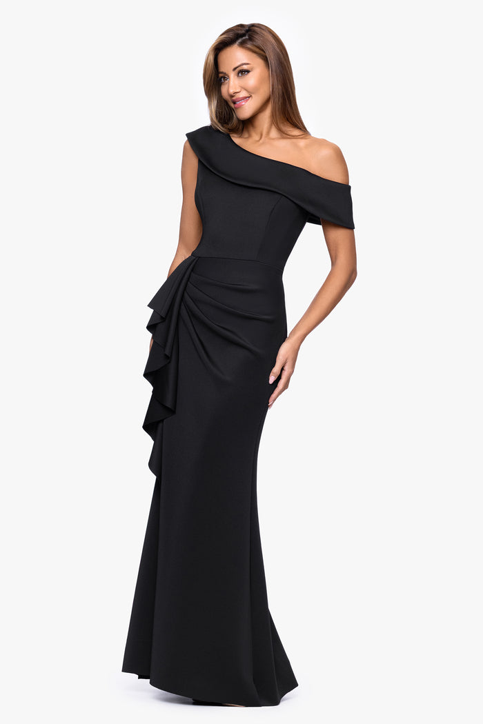 Black “Valerie” Techno Scuba Off the Shoulder Ruffle Dress, angled three-quarter view