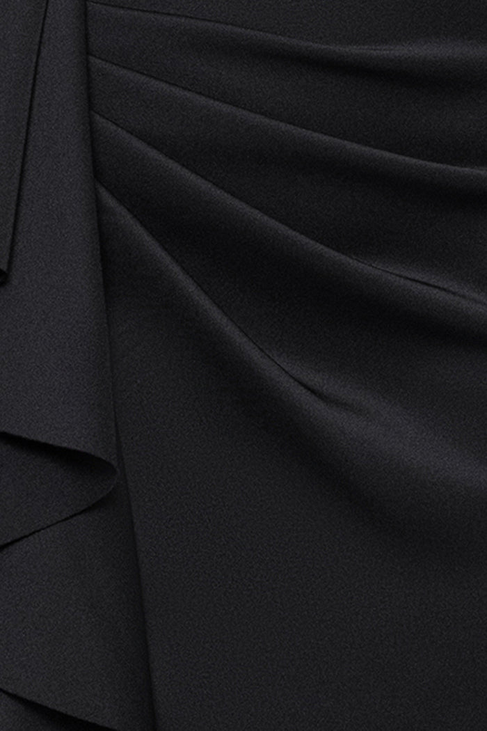 Black “Valerie” Techno Scuba Off the Shoulder Ruffle Dress, techno scuba fabric, ruching, and ruffle detail