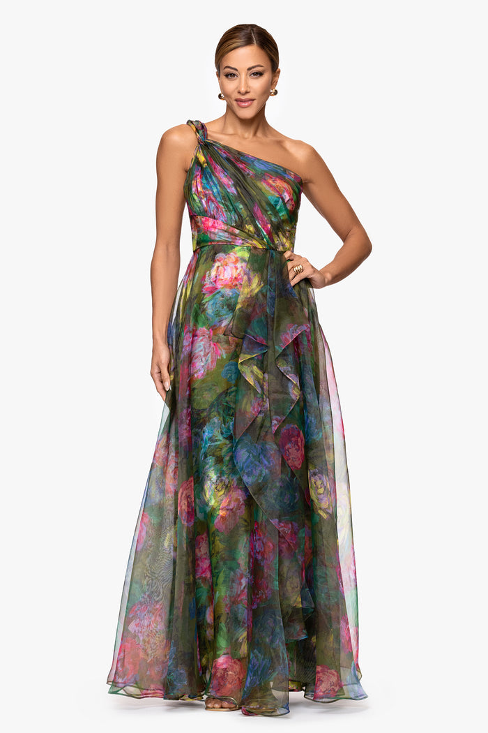 "Vera" Printed Organza One Shoulder Floor Dress