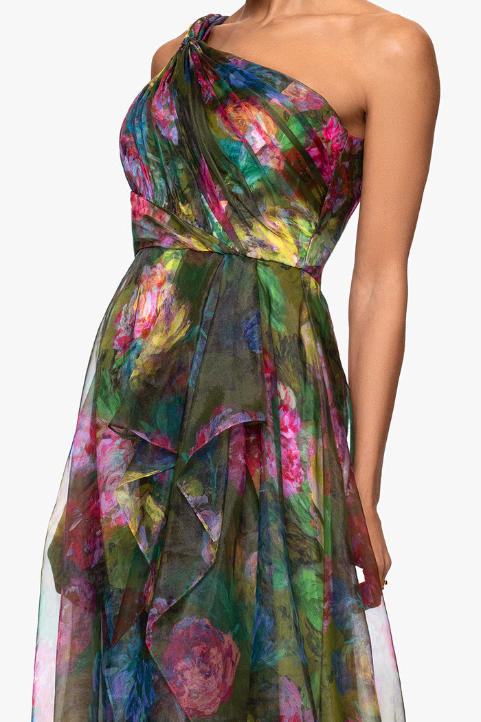 "Vera" Printed Organza One Shoulder Floor Dress