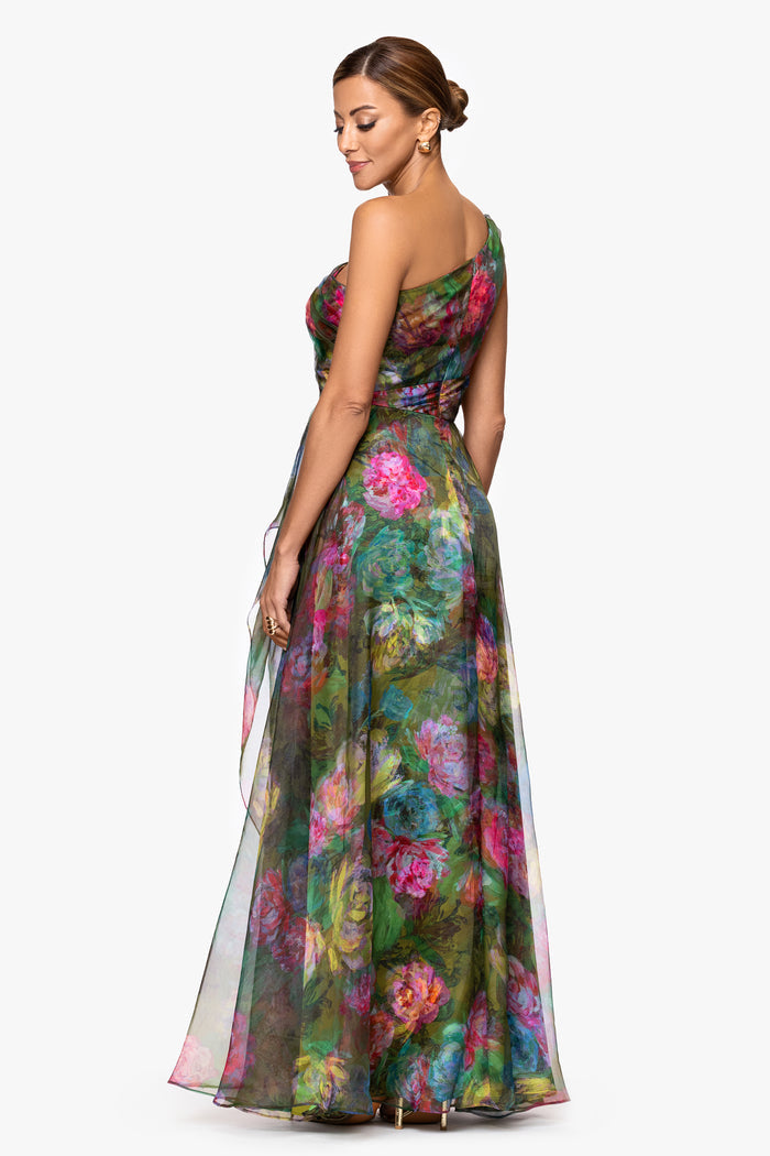 "Vera" Printed Organza One Shoulder Floor Dress