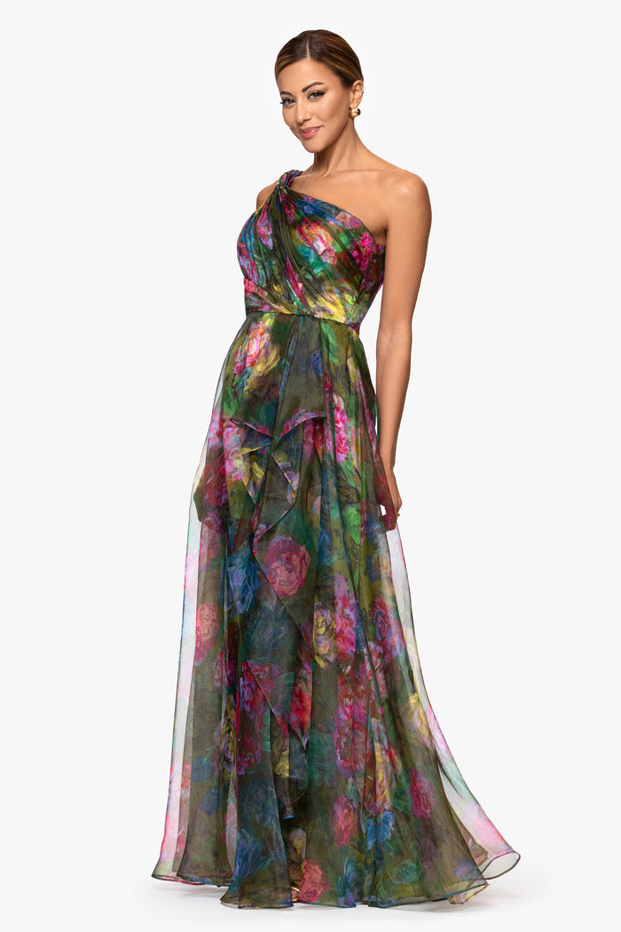 "Vera" Printed Organza One Shoulder Floor Dress