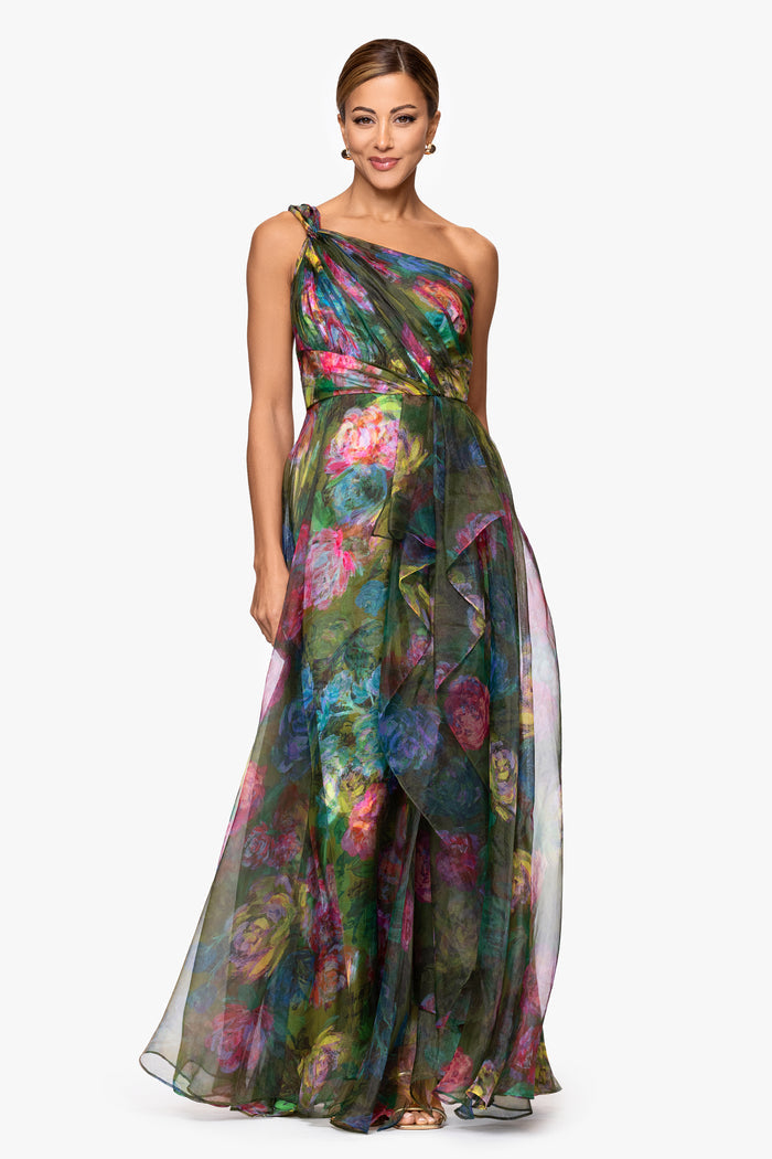 "Vera" Printed Organza One Shoulder Floor Dress