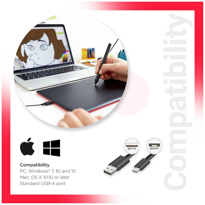 Wacom One by CTL-672/K0-CX Medium 8.5-inch x 5.3-inch Graphic Tablet (Red and Black) - Unboxify