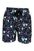 Wildflower Whiskers Jogger Shorts with floral, heart, and striped kitty designs on blue background, elastic waistband, and side pockets.