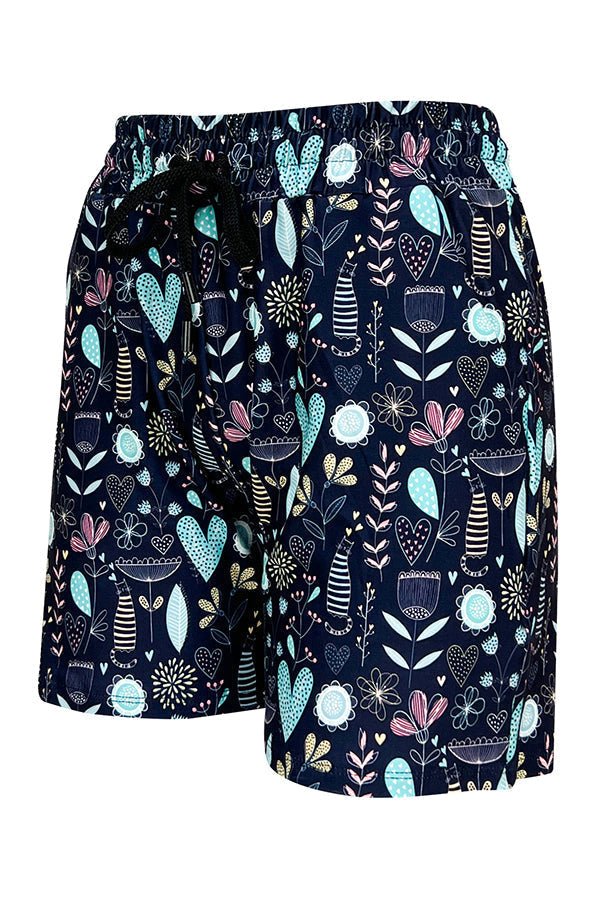 Wildflower Whiskers Jogger Shorts with pastel floral and striped kitty print on blue, slim fit with elastic waistband and side pockets.