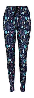 Wildflower Whiskers Joggers with pastel floral, heart, and striped kitty design on blue, slim fit with cuffed bottoms, drawstring waist, and pockets