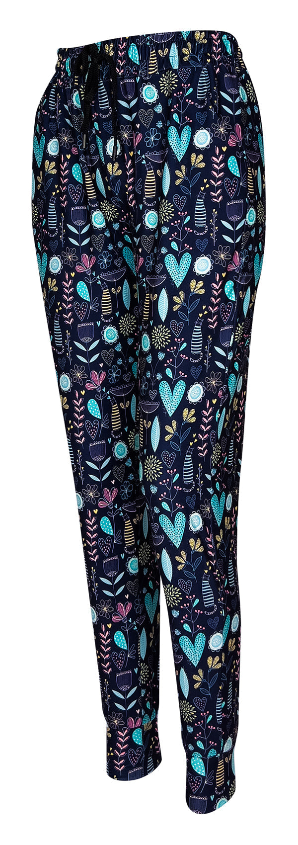 Wildflower Whiskers Joggers with pastel floral, heart, and striped cat designs on blue background, slim fit with cuffed bottoms and drawstring waist.