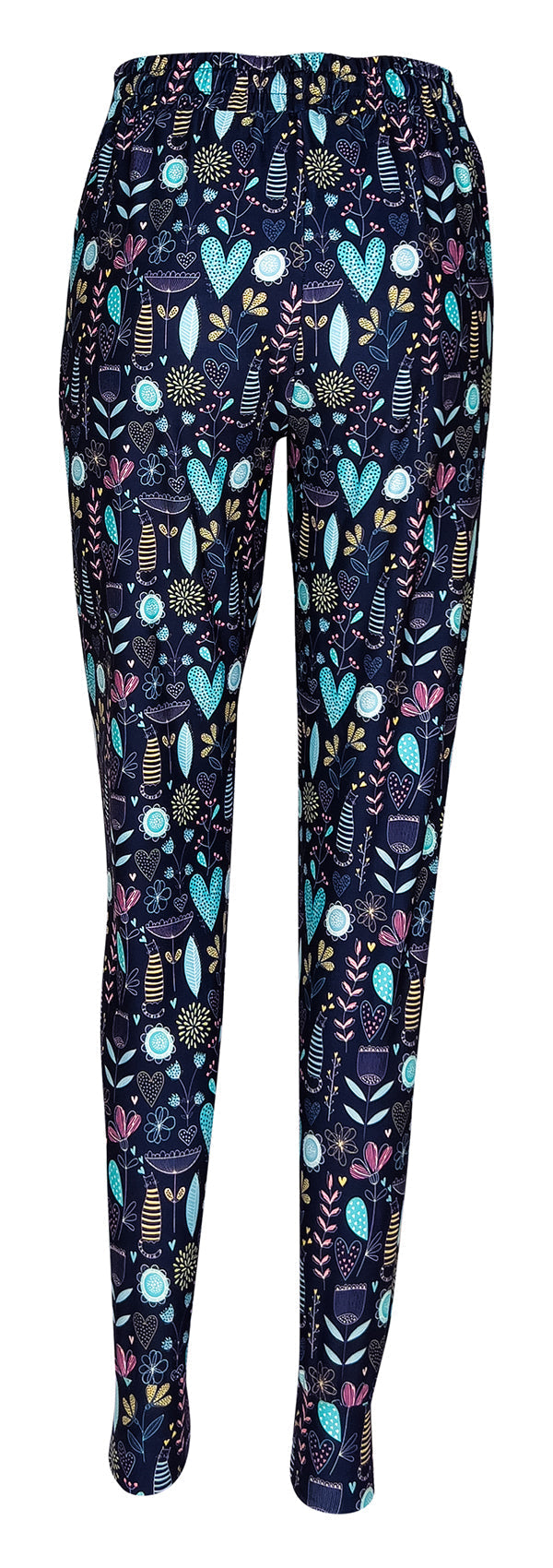 Blue Wildflower Whiskers Joggers with floral, heart, and striped kitty designs, cuffed bottoms, drawstring waist, and pockets.