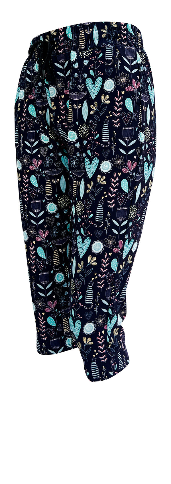 Slim fit Wildflower Whiskers Joggers with pastel floral, heart, and striped kitty designs on blue fabric, featuring cuffed bottoms, drawstring waist, and pockets.