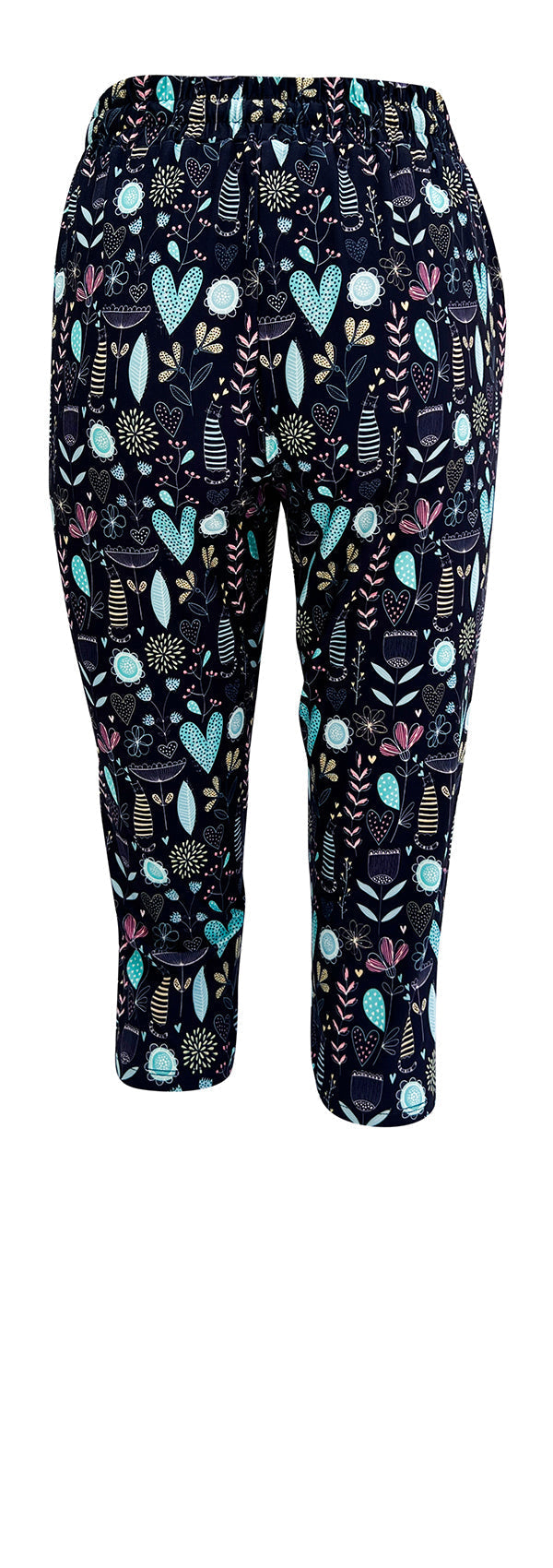 Wildflower Whiskers Joggers with floral, heart, and striped kitty designs on blue, slim fit with cuffed bottoms and drawstring waist
