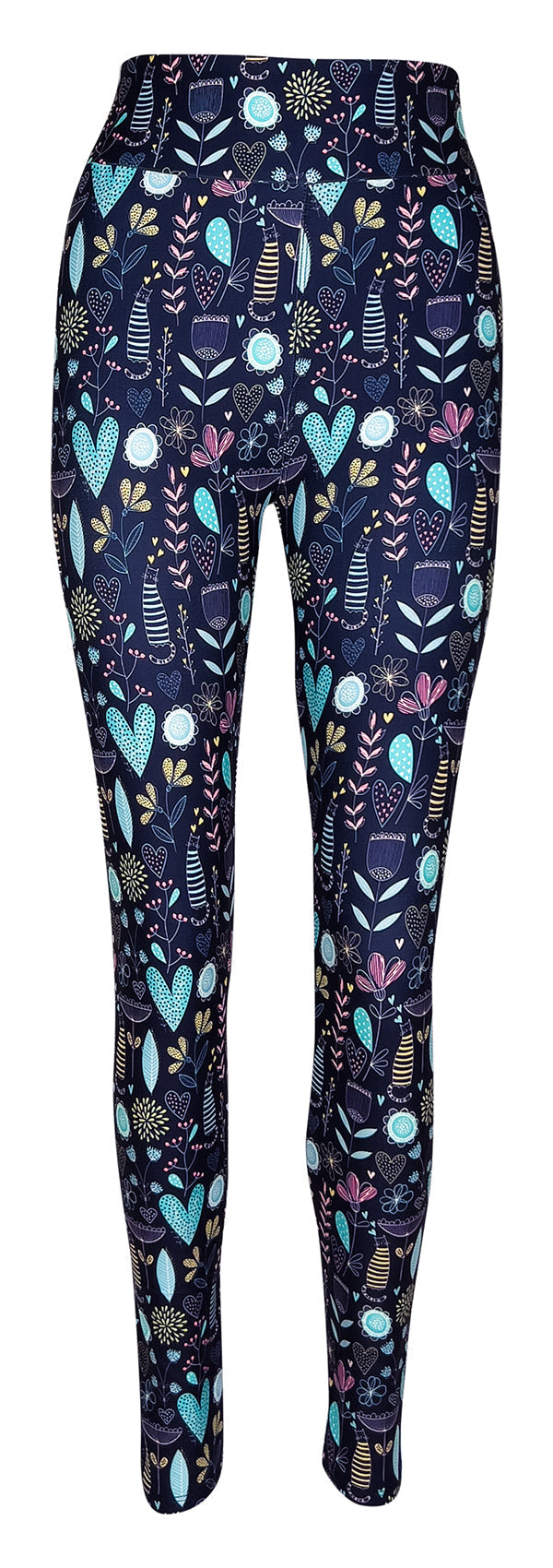 Kids leggings with Wildflower Whiskers Kids floral, heart, and striped kitty design on blue background