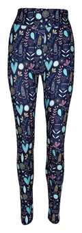 Kids leggings with Wildflower Whiskers Kids floral, heart, and striped kitty design on blue background