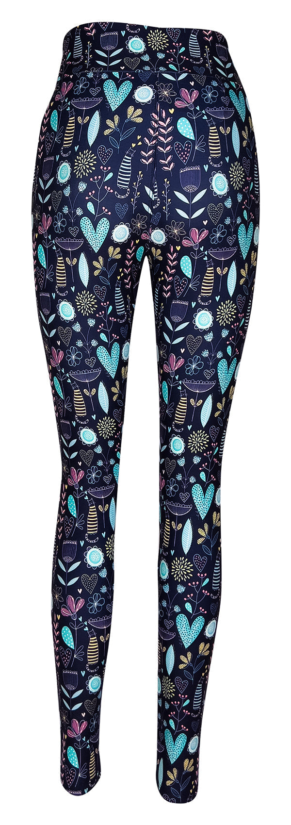 Kids leggings with Wildflower Whiskers Kids floral, heart, and striped kitty pattern on blue background