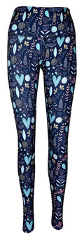 Navy leggings with pockets featuring pastel-striped kitten, heart, and floral patterns on a blue background.