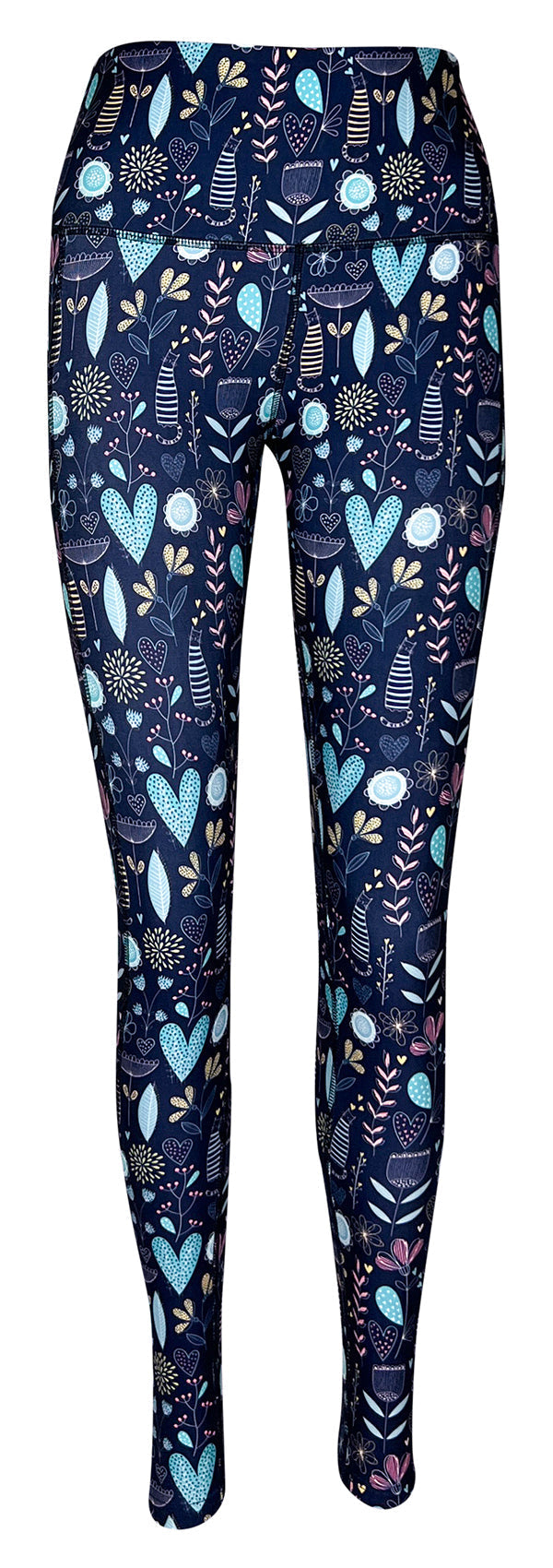 Navy leggings with pockets featuring pastel-striped kitten, heart, and floral patterns on a blue background.