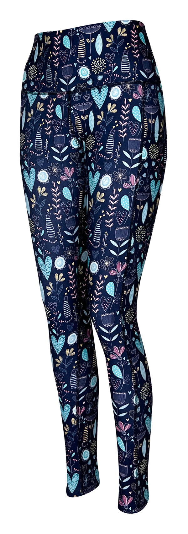 Dark blue leggings with pockets featuring whimsical floral and heart patterns in pastel colors.