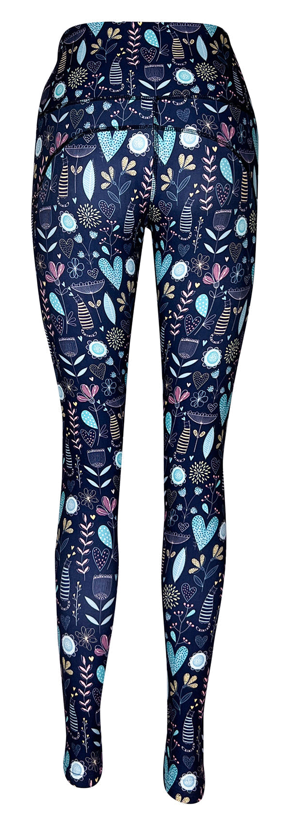 Blue floral and pastel-striped cat print leggings with deep side pockets and high waistband
