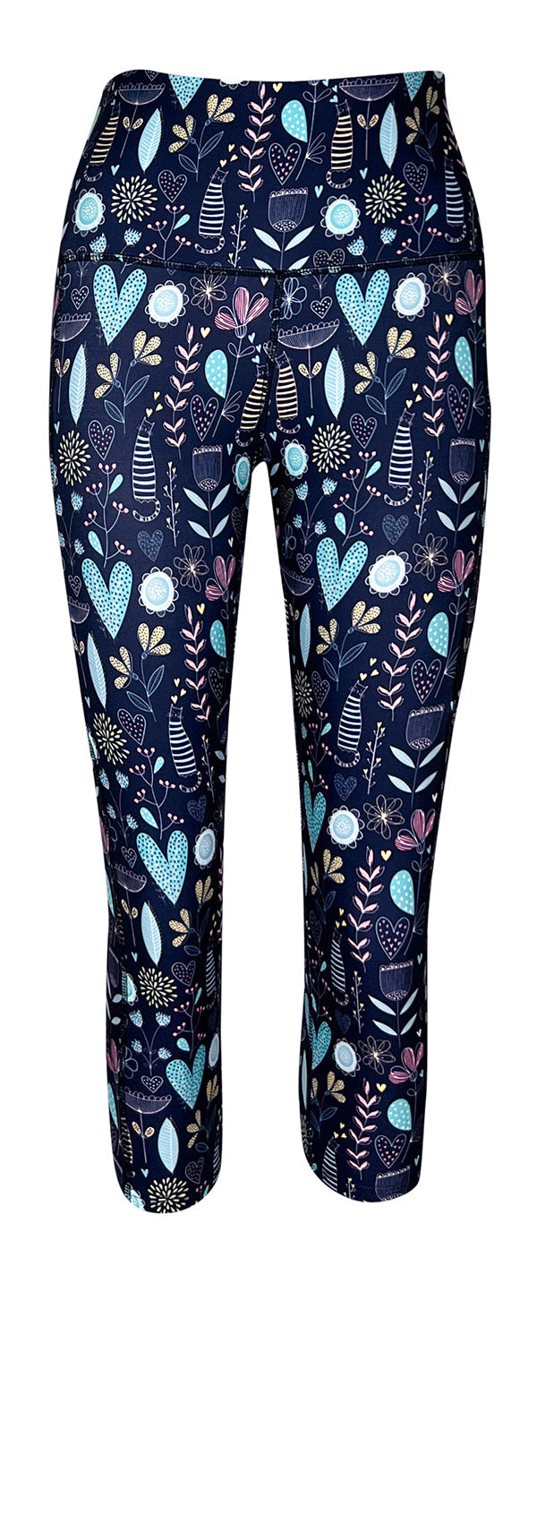 Blue leggings with pockets featuring pastel-striped cats, floral patterns, and heart motifs for a playful and comfortable fit