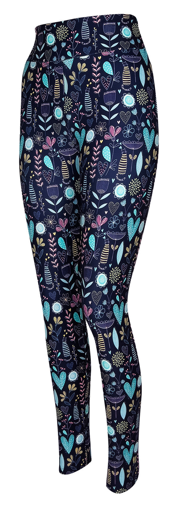 Wildflower Whiskers leggings with pastel striped cats, floral and heart patterns on blue background