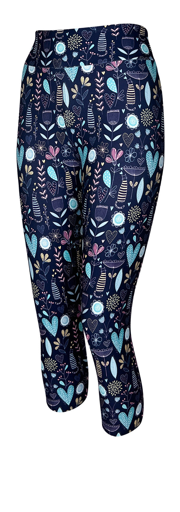 Wildflower Whiskers leggings with pastel striped cats and floral heart designs on blue background
