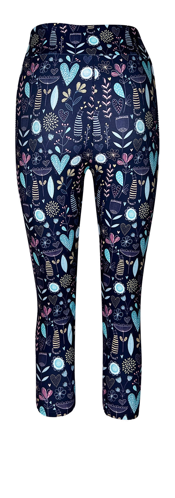 Wildflower Whiskers leggings with pastel striped cats, floral and heart patterns on blue background