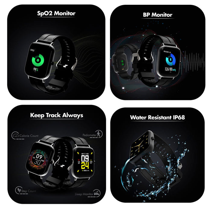 Wings Strive 100 with Real SPO2 1.4 inch Large Display Smartwatch (Black Strap, Free)