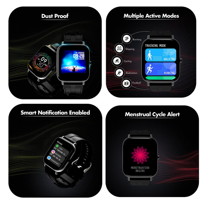 Wings Strive 100 with Real SPO2 1.4 inch Large Display Smartwatch (Black Strap, Free)
