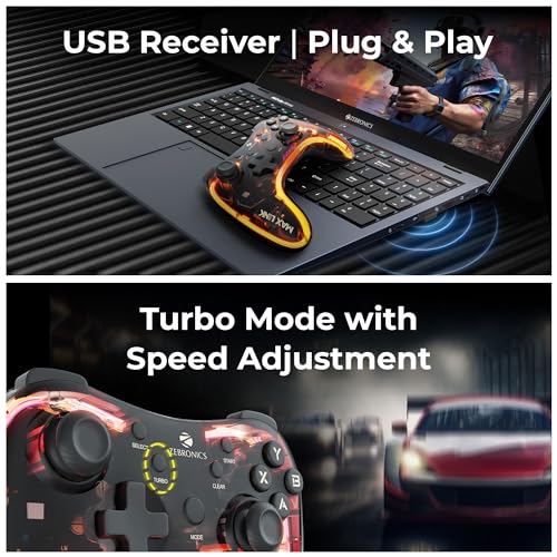 ZEBRONICS MAX LINK Wireless Gamepad, Dual motors Haptic feedback, Built-in rechargeable battery, RGB light, Plug & play, Supports (Windows | Android) - Unboxify
